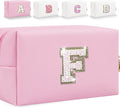 Small Personalized Glitter Initial Letter Makeup Bag, Cute PU Leather Chenille Letters Cosmetic Bag Travel Makeup Pouch, Preppy Travel Organizer Zipper Pouch for Women&Girls（Pink-F）