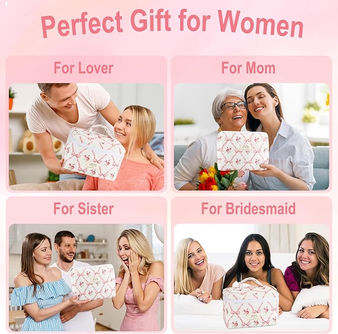 2Pcs Cotton Quilted Makeup Bag for Women Girls Large Small Travel Floral Cosmetic Bags Set Cute Coquette Pink Makeup Pouch for Purse Aesthetic Cloth Flower Storage Toiletry Bag Organizer