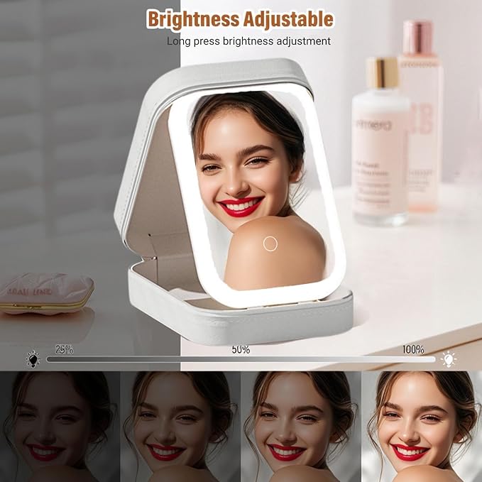 LiveGo 3-Color LED Travel Jewelry Case and Makeup Bag with Mirror, Dust-Proof Jewelry Box, 10 Sealed Jewelry Bags - Compact Cosmetic Mirror Case for Women Girls Travel Essentials (White)