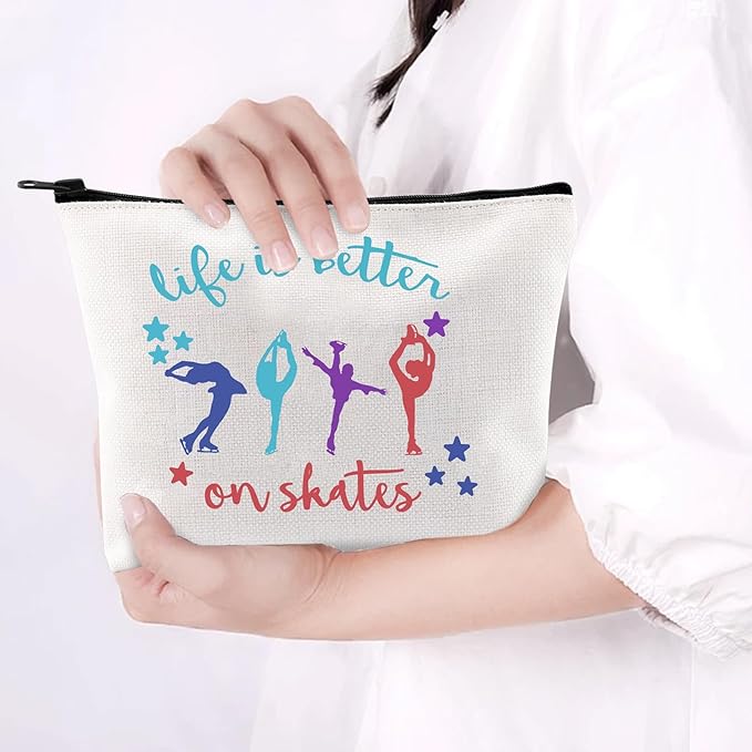 Ice Skate Cosmetic Bag Figure Skating Makeup Bag - Ideal Gift for Skate Lovers - Life Is Better On Skates Makeup Pouch Large Capacity Canvas Travel Bags