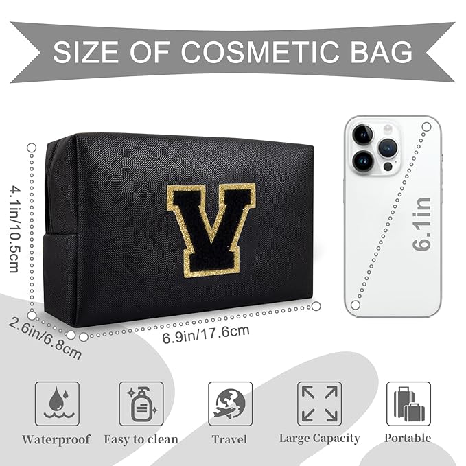 Personalized Initial A-Z Preppy Patch Makeup Bag,Small PU Chenille Letter Cosmetic Bag with Zipper for Teen Girls,Black Cute Toiletry Organizer Bag,Monogram Makeup Case Gift for Women Girls,Letter V