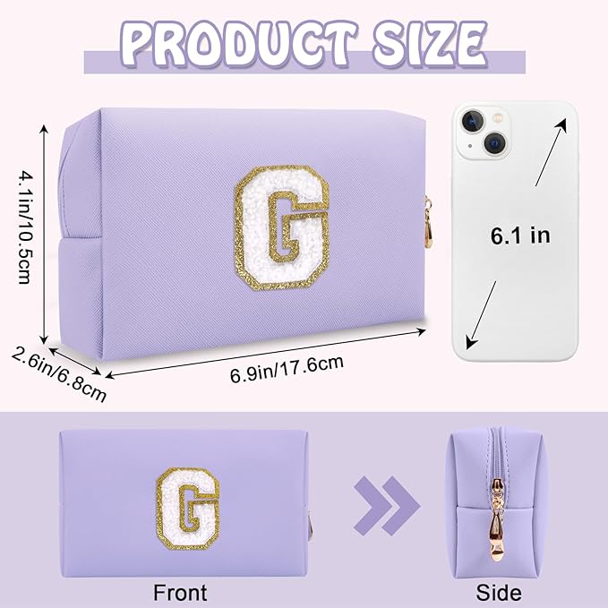 Personalized Initial Preppy Makeup Bag Organizer, Small Cute Purple Cosmetic Zipper Pouch Travel Toiletry Bag,Waterproof PU Monogram Make Up Storage Case Graduation Gifts for Teacher Friends(Letter G)