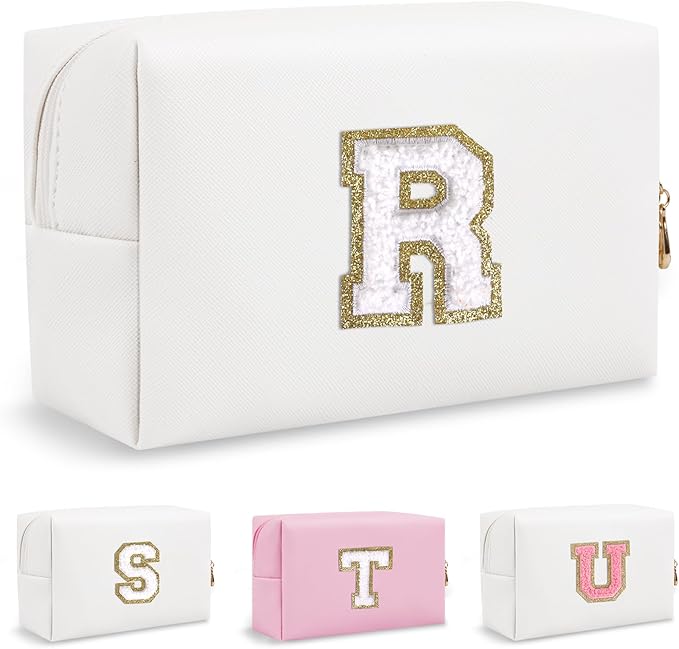 Small Travel Initial Preppy Makeup Bag, Personalized White Cute Cosmetic Organizer Chenille Letter Travel Toiltery Zipper Pouch, Waterproof PU Make Up Case Gifts for Mom Friendship Coworker(Letter R)