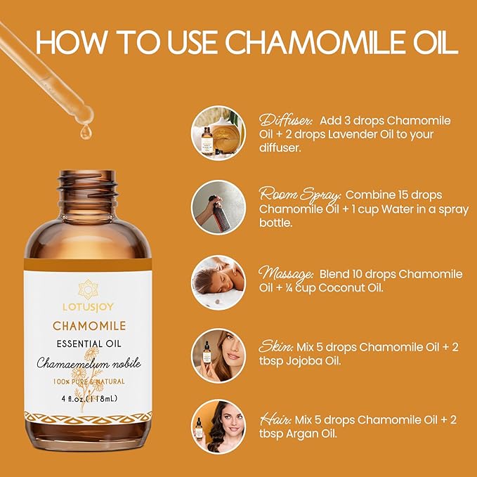 Chamomile Essential Oil, Pure Natural Chamomile Oil for Skin Body Hair Diffuser - 4 Oz
