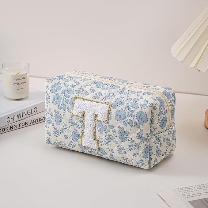 Gleyemor Personalized Initial Makeup Bag for Women, Cute Quilted Blue Floral Cotton Cosmetic Bag, Christmas Gifts for Her Mom Friend Sister Bridesmaid Teacher Women T