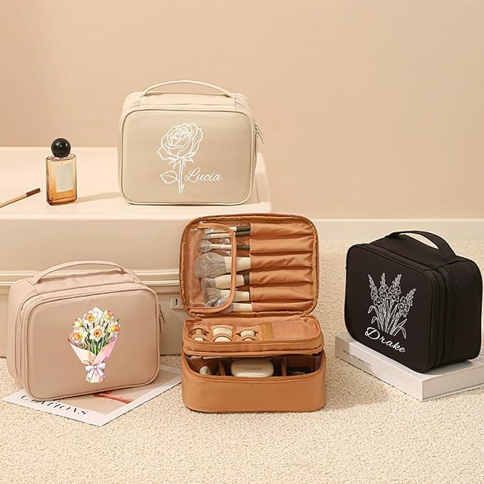Custom Makeup Bag, Personalized Travel Toiletry Bag,Portable Cosmetic Bag with Elastic Straps,Makeup Organizer with Adjustable Dividers,Christmas and Wedding Gifts for Friend and Bridesmaid.