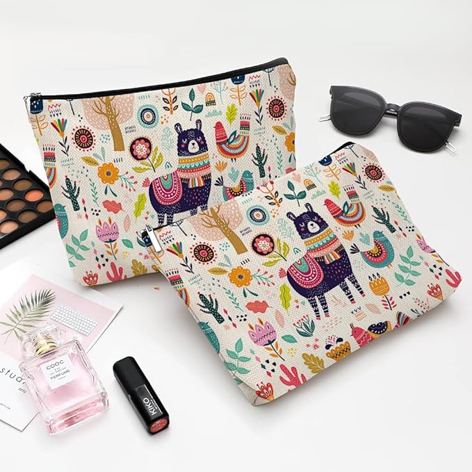 Cute Makeup Bag for Purse Canvas Waterproof Funny Cosmetic Bags for Women Zipper Travel Toiletry Pouch-Alpaca Makeup Bags-Creamy