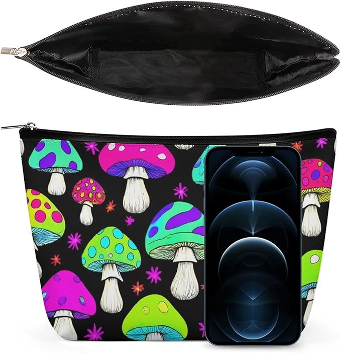 Fashion Zipper Cosmetic Case, Portable Makeup Case, Personality Toiletry Bag, Travel Cosmetic Toiletry Bag Trippy Magic Neon Mushrooms