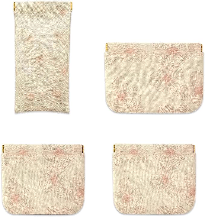 4Pcs Small Purse Cosmetic Bags,Mini Leather Makeup Bag for Women,Waterproof Portable Makeup Pouch No Zipper Squeeze Closure Coin Purse Lipstick Bag Accessories,Travel Kit Storage Pouch (Floral)