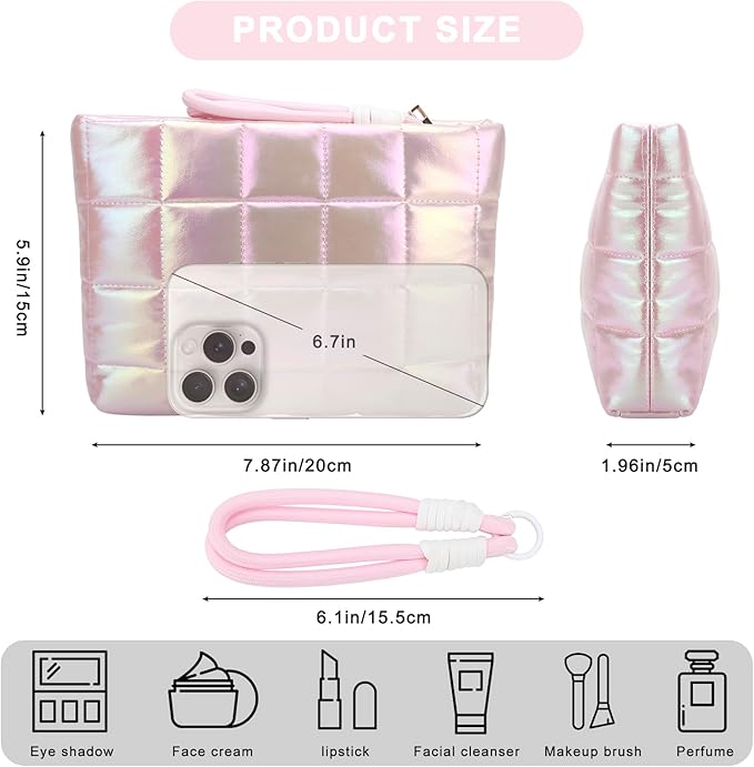 DOB SECHS Quilted Checkered Makeup Bag with Strap, Cute Puffer Cosmetic Bags for Women, Cotton Puffy Toiletry Zipper Pouch, Travel Essentials Storage Organizer Clutch Pencil Case, Iridescent Pink
