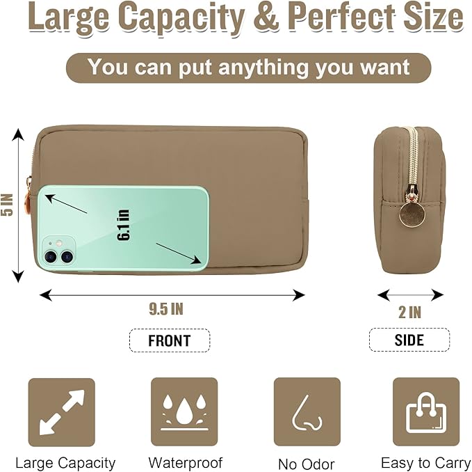 Nylon Small Makeup Bag for Purse, Preppy Cute Makeup Bag Cosmetic Zipper Pouch Purse, Waterproof Portable Travel Toiletry Bag Clutch Make Up Brush Bag Organizer Storage for Women Men Girls(Khaki)