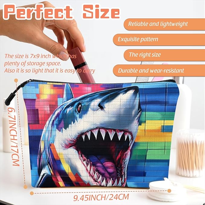 Cosmetic Bags Travel Makeup Toilet Case Waterproof Pouch for Women Girls 6.7X9.45inches - Graffiti - Style Shark Painting With Colorful Squares