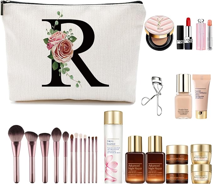 Initial A-Z Personalized Letter Makeup Bag, Monogrammed Bridesmaid Gifts/Presents Cosmetic Bag, Portable Stationery Storage Organizer Pouch, Friendship Love Travel Makeup Bags