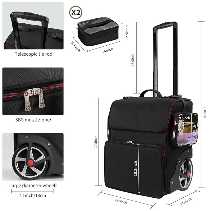 Large Makeup Train Case,Cosmetic Makeup Case for Hairstylist, Hairdresser Bag with Detachable Pouch,Heat Insulation and Anti-scalding Full layer for Hairdressing Tool Organizer Trolley with wheels