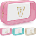 Personalized Initial Clear Makeup Bag, Travel Chenille Patch Cosmetic Bag, Preppy Toiletry Bag Monogram Cosmetic Pouch with Zipper, Ideal Gift for Teen Girls Women (Clear-Pink, V)