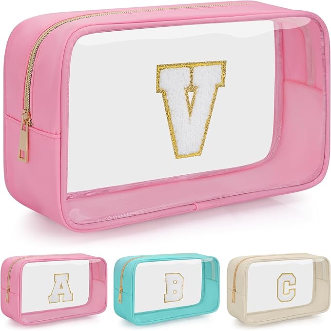 Personalized Initial Clear Makeup Bag, Travel Chenille Patch Cosmetic Bag, Preppy Toiletry Bag Monogram Cosmetic Pouch with Zipper, Ideal Gift for Teen Girls Women (Clear-Pink, V)