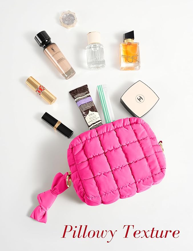 Yarnic Quilted Makeup Bag Cosmetic Bag, Travel Toiletry Bag for Women, Cute Makeup Bag Organizer Puffer Makeup Pouch (S, Hot Pink)