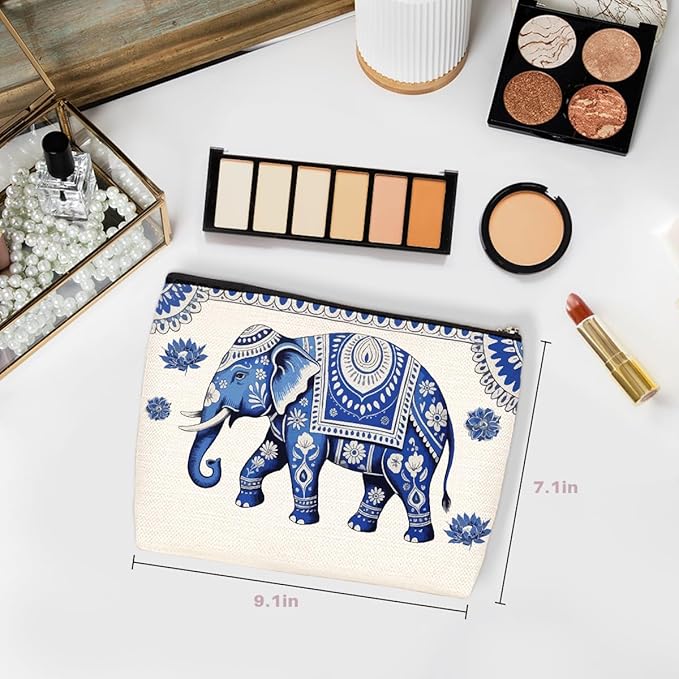 Wenboco Blue Elephant Makeup Bag, Cute Travel Makeup Case Cosmetic Bags for Women, Portable Pouch Purse Travel Essentials Toiletries Accessories, Christmas Birthday Gifts for Women, Elephant Gifts