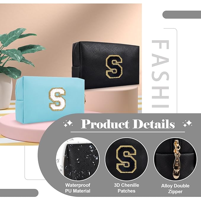 Personalized Initial A-Z Preppy Patch Makeup Bag,Small PU Chenille Letter Cosmetic Bag with Zipper for Teen Girls,Black Cute Toiletry Organizer Bag,Monogram Makeup Case Gift for Women Girls,Letter S