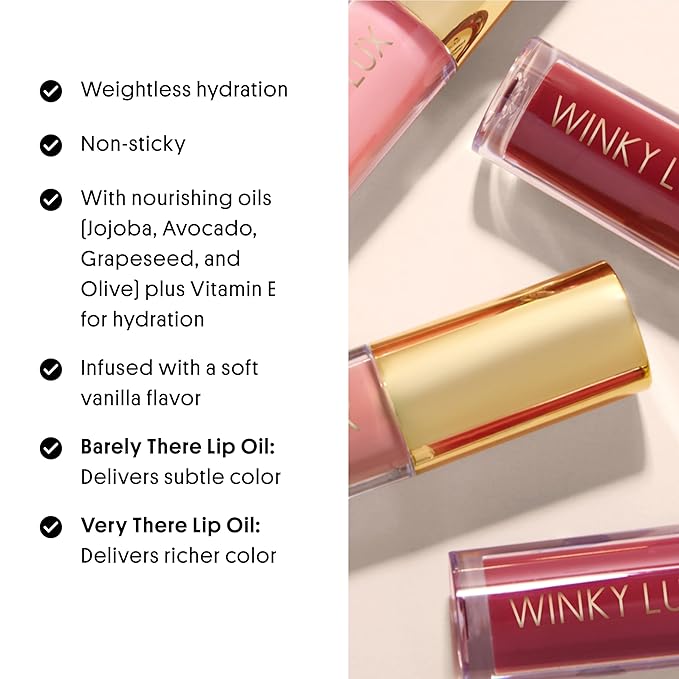 Winky Lux Enchanted Very There Lip Oil - Hydrating Nude Brown Tint with Jojoba Oil, Non-Sticky Glossy Lip Oil, Tinted Brown Gloss for Juicy Lips & Soft Vanilla Scent