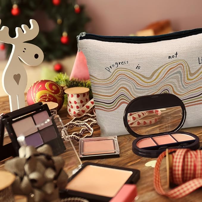 Progress is Not Linear Mental Health Makeup Bag for Purse, Inspirational Motivational Cosmetic Bag Travel Toiletry Bag for Therapist Counselor, Therapy Gifts Zipper Makeup Pouch