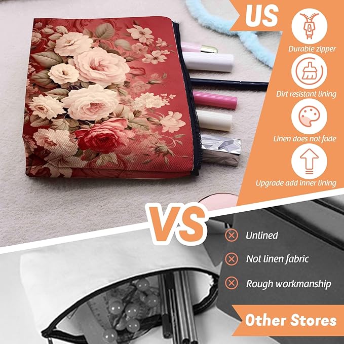 Cosmetic Bags Travel Makeup Toilet Case Waterproof Pouch for Women Girls 6.7X9.45inches - Assorted Pale - Colored Flowers on A Red Ornamental Background