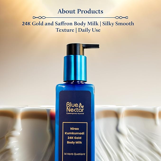 Blue Nectar Gold and Saffron Body Milk for Women & Men | Body Lotion with Plant Based AHA & Niacinamide | Moisturizer for Body | All Skin Types (14 Herbs, 3.38 Fl Oz)