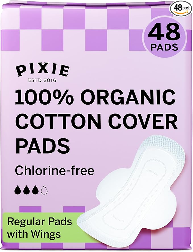 Pixie Organic Cotton Pads for Women - Ultra Thin with Wings, Leak-Proof & Moisture-Wicking for Feminine Care - Compostable, Unscented Menstrual Pads - Regular Absorbency - 48 Count