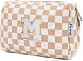 Narwey Birthday Gifts for Women Girls, Initial Makeup Bag for Bridesmaid Teacher Sister Friend Daughter Graduation Gifts, Personalized Monogram Cosmetic Toiletry Bag, Teen Girls Trendy Stuff (Brown M)