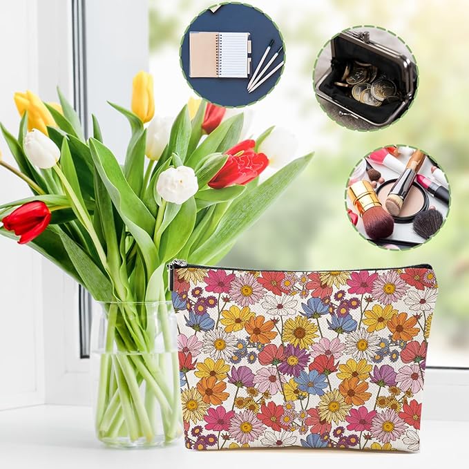 4 Packs Retro Flowers Makeup Bag Floral Pumpkin Rabbit Cosmetic Bag Friend Friendship Gifts for Women Girls Sister Mom Botanical Travel Organizer Zipper Pouch Christmas Thanksgiving Birthday Gifts