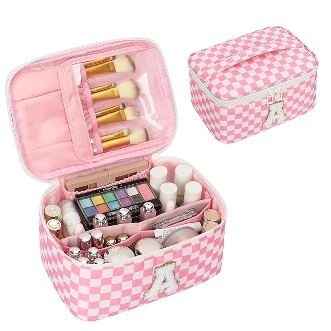 OCHEAL Makeup Bag for Women, Monogram Cosmetic Bag with Brush Holder, Pink Travel Makeup Case Beauty Toiletry Bag Organizer Personalized Gifts for Girls Teens Bridesmaid Sister Wife Friends Initial A