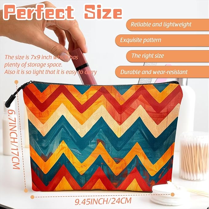 Cosmetic Bags Travel Makeup Toilet Case Waterproof Pouch for Women Girls 6.7X9.45inches - Zigzag Pattern in Warm And Cool Tones