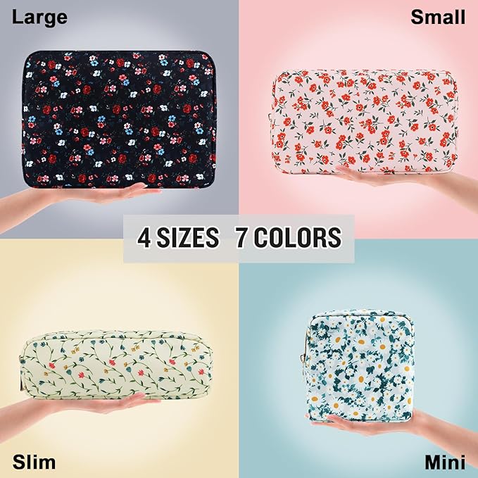 Nylon Small Floral Makeup Bag for Purse, Cute Preppy Makeup Bag Cosmetic Zipper Pouch Purse, Waterproof Portable Travel Set Toiletry Bag Make Up Brush Bag Organizer Storage for Women(Navy Blue-Flower)