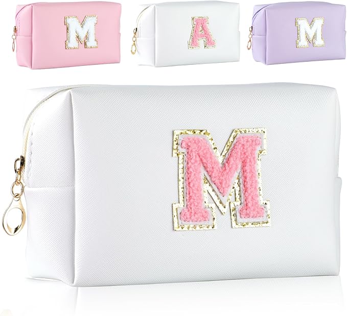 MSQ Personalized Makeup Bag Initial A-Z Patch Bag, PU Leather Cosmetic Bag Pouch Travel Toiletry Bag with Zipper, Gift Ideal for Teen Girls Friend Mom Women Birthday (White M)