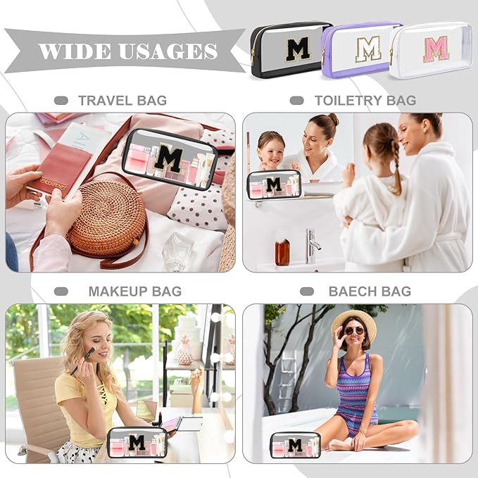 Personalized Initial Letter Clear Makeup Bag,Preppy Small Nylon&PVC Cosmetic Zipper Bag with Chenille Letter,Travel Skincare Toiletry Bag,Monogram Christmas Gift for Teen Girls Women,M