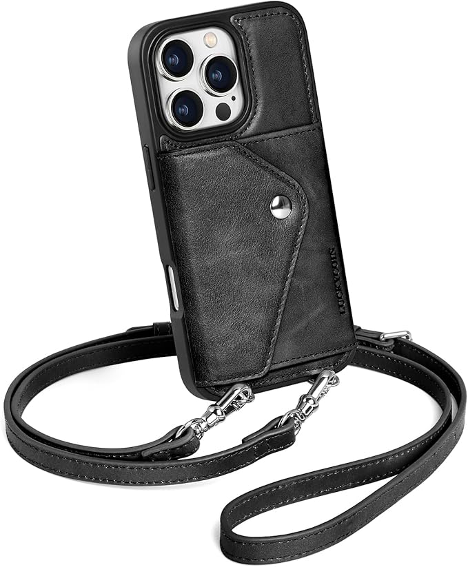 LUCKYCOIN Crossbody Wallet Phone Case for iPhone 16 Pro,100% Genuine Leather Wallet Phone Case with Expandable Flip Card Holder,Phone Purse for Women with Adjustable Removable Strap - Black