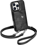 LUCKYCOIN Crossbody Wallet Phone Case for iPhone 16 Pro,100% Genuine Leather Wallet Phone Case with Expandable Flip Card Holder,Phone Purse for Women with Adjustable Removable Strap - Black