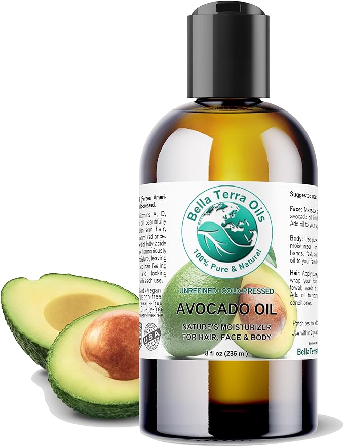 Bella Terra Oils - Avocado Oil 8 oz - Cold-Pressed Excellence, Brimming with Oleic Acid & B-Vitamins, Ideal Complement for Skin Care Regimens