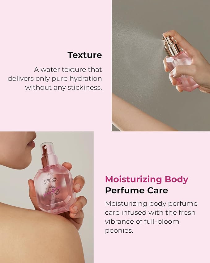 BOM Peony Garden Perfume Body Mist 3.71 Fl Oz, Floral Scented Fine Mist with Hyaluronic Acid, Niacinamide & Vitamin C, Hydrating, Lightweight Body Perfume, Long-Lasting Fragrance, Korean Skincare