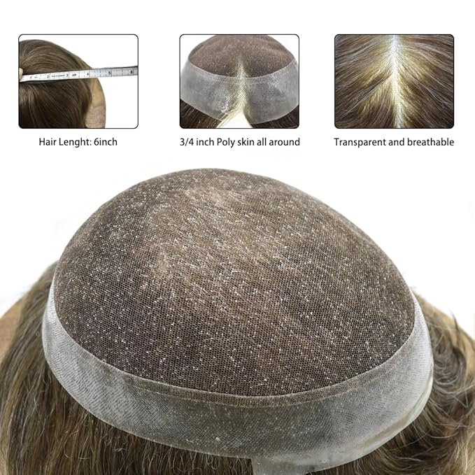 FACE MIRACLE French Lace Mens Toupee Human Hair System Thin Skin Toupee for Men Lace Center Hair Replacement System 8"X10" #540 5# MEDIUM LIGHT BROWN WITH 40% SYNTHETIC GREY