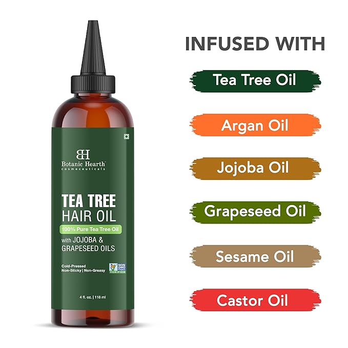 Botanic Hearth 100% Pure Tea Tree Oil For Hair Growth | Infused with Jojoba & Grapeseed Oils | Hair Oil Repairs Dry Damaged Hair, Strengthening, Healthier - Hair Tonic, 4.0 fl oz