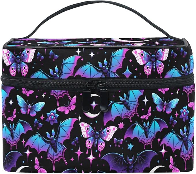 MNSRUU Makeup Bags, Neon Purple and Bats Stars and Moons Makeup Organizer Bags Toiletry Bag Box Travel Cosmetic Bag Make Up Train Case for Women Teen Girl Ladies