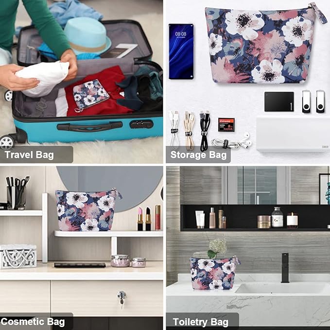 Flower Makeup Bag for Travel Cosmetic Storage Pouch Waterproof Polyester Metal Zipper, Retro Camellia