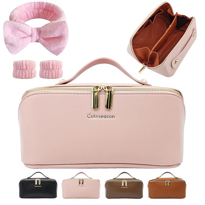 Makeup Bag, Travel Toiletry Bag for Women, Large Capacity Waterproof Plain Pattern PU Leather Cosmetic Bags Make Up Organizer Bags with Headband and Wristband Set (Pink)
