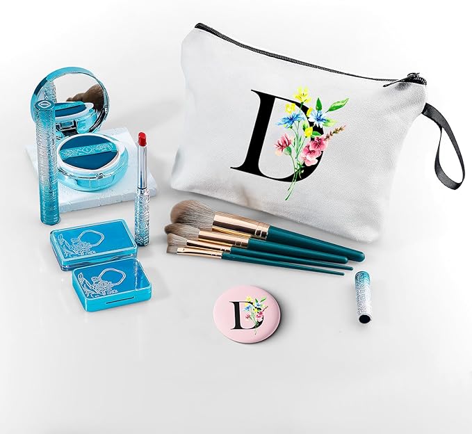 SEAMOON Women Birthday Unique Initial Funny Gifts for Teenage Girl Sister Friends Bridesmaid Personalized Travel Make up Cosmetic Bag with Mirror Valentines Mothers Day Christmas Graduation D