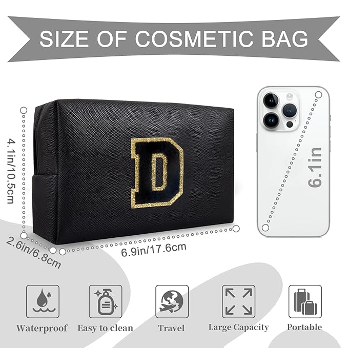 Personalized Initial A-Z Preppy Patch Makeup Bag,Small PU Chenille Letter Cosmetic Bag with Zipper for Teen Girls,Black Cute Toiletry Organizer Bag,Monogram Makeup Case Gift for Women Girls,Letter D
