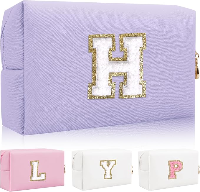 Personalized Initial Letter Patch Makeup Bag, Preppy Small Chenille Letter Cosmetic Bag with Zipper, PU Leather Waterproof Travel Toiletry Bag Monogram Make Up Pouch for Women Girls(Letter H)
