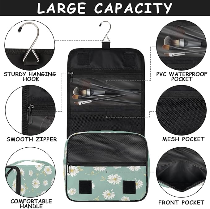 Travel Toiletry Bag for Women & Men Flower Daisy White Hanging Cosmetic Organizer Portable Waterproof Makeup Case Make Up Bag with Compartments Travel Essentials for Bathroom Shower