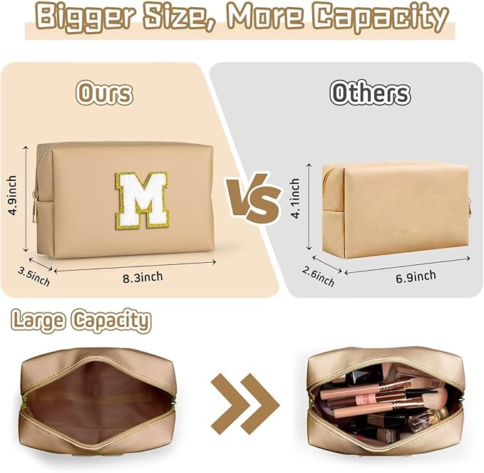 TOPEAST Initial Cosmetic Bag, PU Leather Waterproof Travel Toiletry Bag, Monogrammed Gifts for Women, Personalized Birthday Gift for Sister Friends, Cute Stuff for Girls (Khaki K)