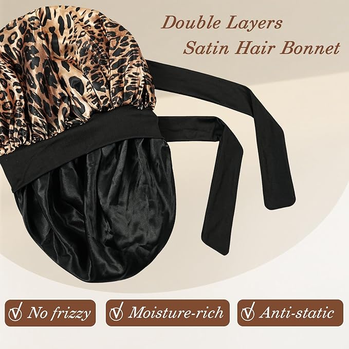 Satin Hair Bonnet for Sleeping Women, Double Layer Silk Bonnets for Women with Tie Band, for Braids Curly Long Hair